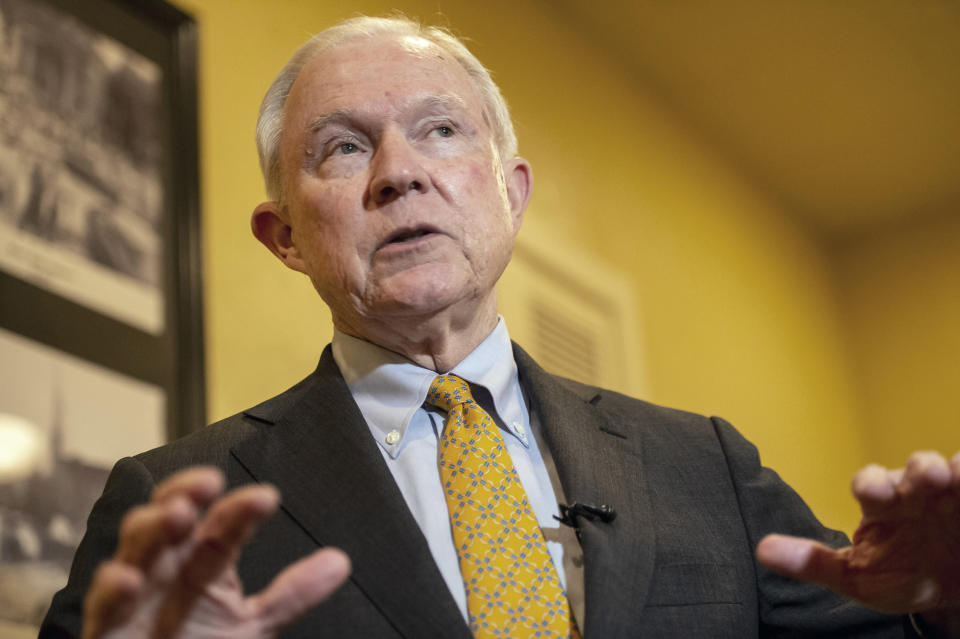 Former U.S. Attorney General Jeff Sessions campaigns for Alabama's Senate seat at the Blue Plate restaurant Thursday, Feb. 27, 2020, in Huntsville, Ala. Sessions faces a competitive primary Tuesday as he seeks to reclaim the U.S. Senate seat he held for 20 years. (AP Photo/Vasha Hunt)