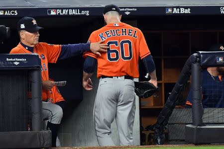 Houston Astros starting pitcher Dallas Keuchel (60) leaves the game during the fifth inning \dn\ in game five of the 2017 ALCS playoff baseball series at Yankee Stadium, Bronx, NY, USA, October 18, 2017. Mandatory Credit: Robert Deutsch-USA TODAY Sports