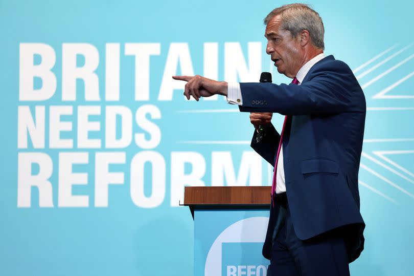 Reform leader Nigel Farage speaking to hundreds of supporters at Rainton Arena, Houghton Le Spring