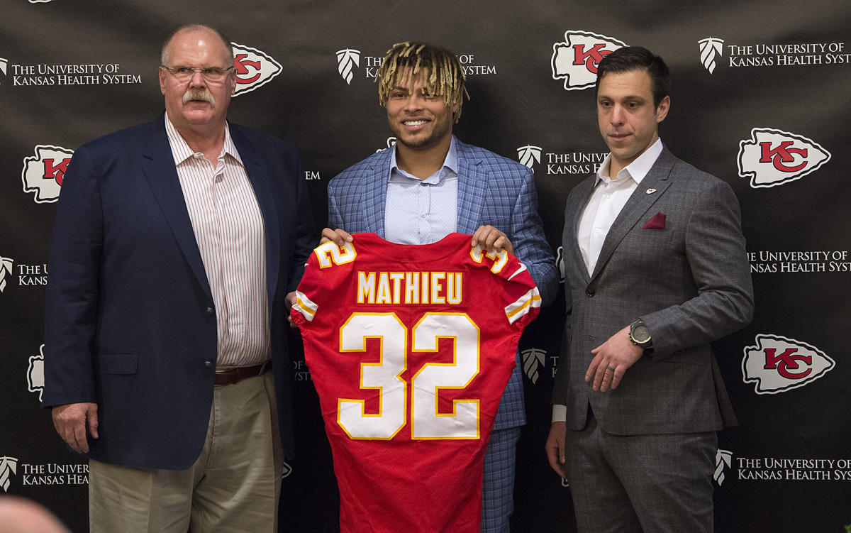 Kansas City Chiefs strong safety Tyrann Mathieu (32) wore a helmet with  Alton Sterling's name on the back during an NFL football game against the  New England Patriots, Monday, Oct. 5, 2020