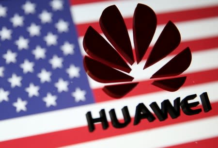 A 3D printed Huawei logo is placed on glass above displayed US flag in this illustration