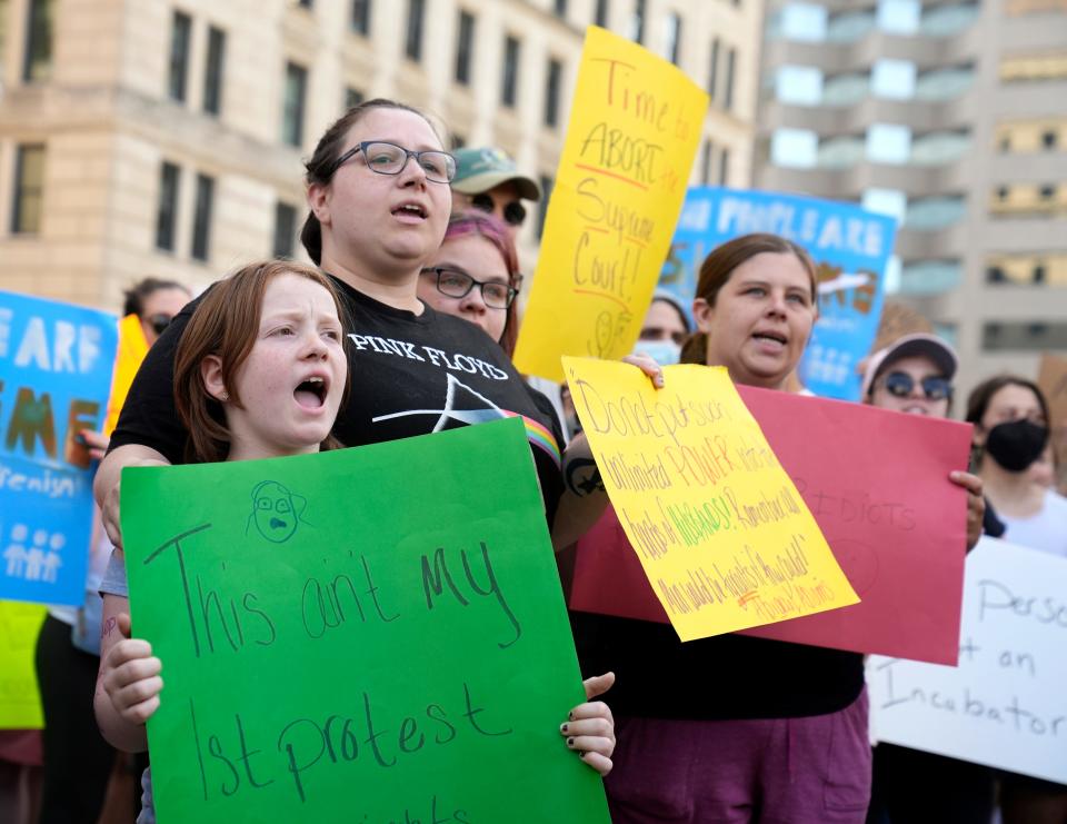 June 24, 2022; Columbus, Ohio, United States;  Hundreds of people rallied at the Ohio Statehouse and marched through downtown Columbus in support of abortion after the Supreme Court overturned Roe vs. Wade on Friday. Mandatory Credit: Barbara J. Perenic/Columbus Dispatch