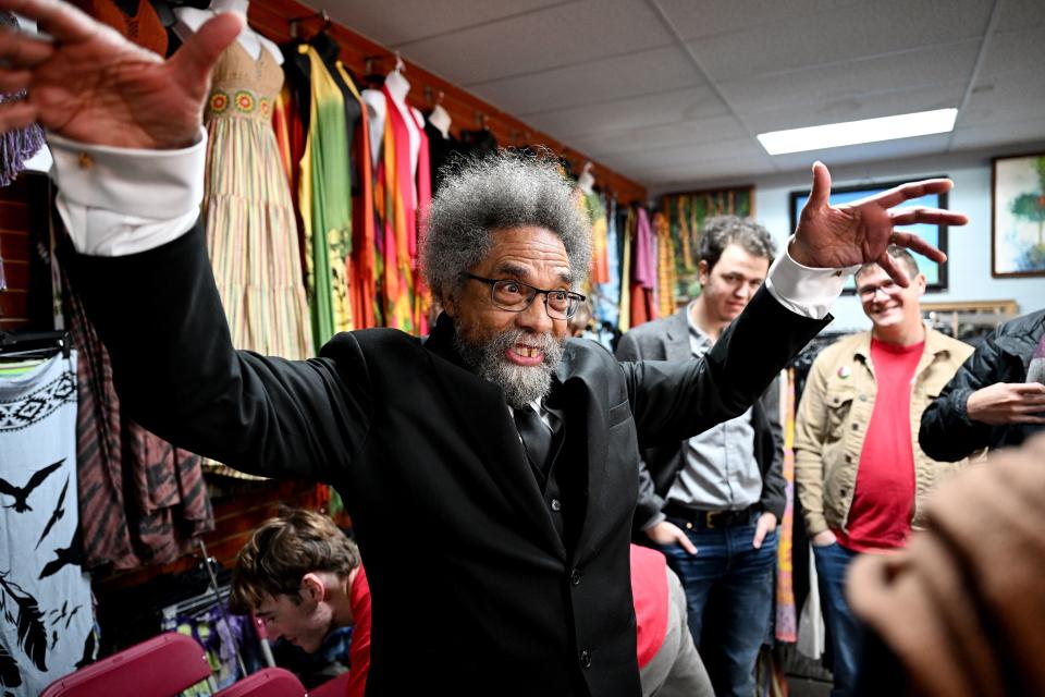 Presidential candidate Cornel West talks with a small group of supporters while at Twisted Roots in Salt Lake City on Monday, Nov. 20, 2023. | Scott G Winterton, Deseret News