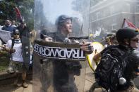 <p>White Supremacists rush forward with shields and sticks during clashes with counter protestors at Emancipation Park where the White Nationalists are protesting the removal of the Robert E. Lee monument in Charlottesville, Va., on Aug. 12, 2017. (Photo: Samuel Corum/Anadolu Agency/Getty Images) </p>