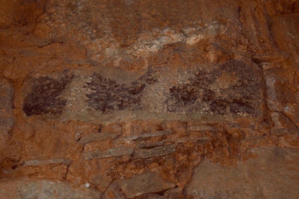 This painting or negative image produced on red patina faced masonry stone, possibly of turkeys, is one of the more easily seen examples of ancient Puebloan stealth art discovered at Aztec Ruins National Monument.