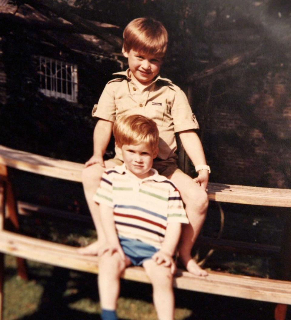 Family photo: Prince William (top) and Prince Harry sitting on a picnic table (AFP/Getty Images)