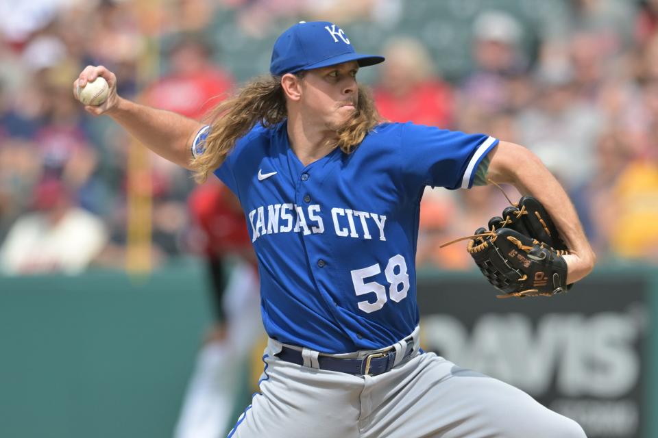 Kansas City Royals relief pitcher Scott Barlow (58) throws a pitch against the Cleveland Guardians on July 9 in Cleveland.