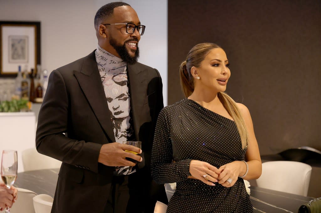 Marcus Jordan and Larsa Pippen dressed in black tie in a scene from Real Housewives of Miami Season 6