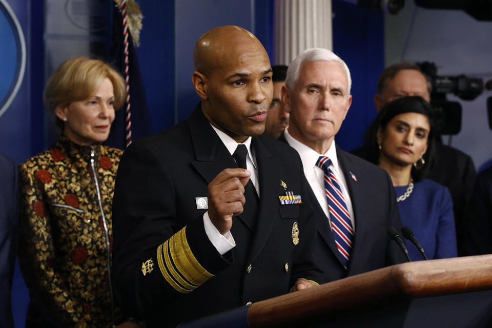 U.S. Surgeon General Jerome Adams speaks in the briefing room of the White House in Washington, Monday, March 9, 2020, about the coronavirus outbreak. (AP Photo/Patrick Semansky)