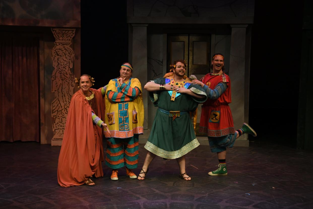 From left, Jay White (Senex), Tim Culver (Hysterium), Joseph Ball (Marcus Lycus) and Dylan Ratell (Pseudolous) sing "Everybody Ought to have a Maid" in "A Funny Thing Happened on the Way to the Forum" at Porthouse Theatre.