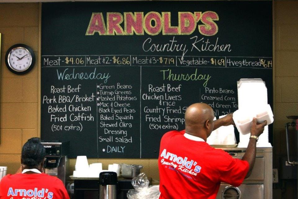 The menu advertises the daily specials at Arnold's Country Kitchen, one of the “meat and three’s” in Nashville.