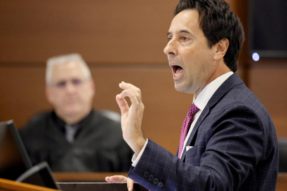 Defense attorney Mark Eiglarsh gives his closing argument in the trial of former Marjory Stoneman Douglas High School School Resource Officer Scot Peterson, Monday, June 26, 2023, at the Broward County Courthouse in Fort Lauderdale, Fla. Peterson is accused of failing to confront the shooter who murdered 14 students and three staff members at a Parkland high school five years ago. (Amy Beth Bennett/South Florida Sun-Sentinel via AP, Pool)