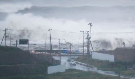 High waves triggered by Typhoon Lionrock crash on a coast of the city of Ishinomaki, Miyagi Prefecture, Japan, in this photo taken by Kyodo August 30, 2016. Mandatory credit Kyodo/via REUTERS