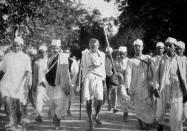 Scenes during Mahatma GandhiÕs famous Salt March. This march on foot to the sea coast at Dandi, on the eve of the Salt Satyagraha, 1930. This peaceful resistance was part of Gandhi's Non-violent opposition to British rule in India. (Photo by: Universal History Archive/Universal Images Group via Getty Images)