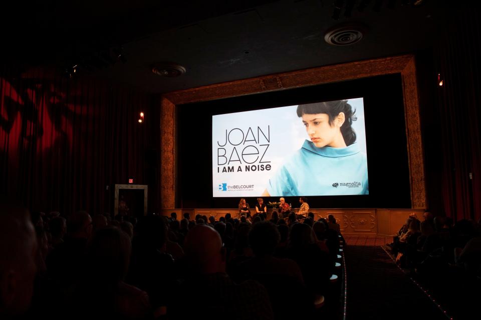 Joan Baez and Rep. Justin Jones D-Nashville, speak following the debut of her new documentary “I Am a Noise” at Belcourt Theater in Nashville , Tenn., Saturday, Oct. 21, 2023.