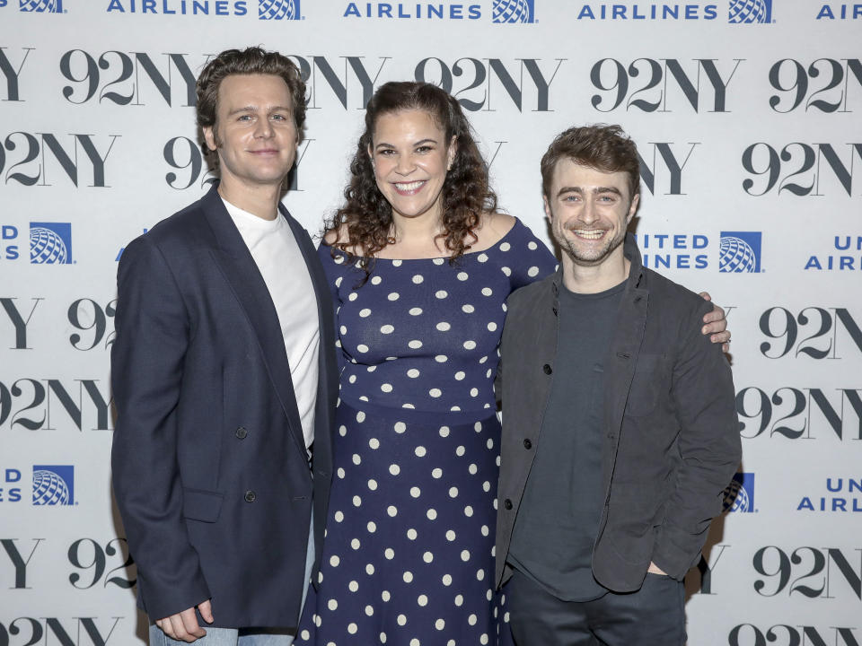 FILE - Actors Jonathan Groff, from left, Lindsay Mendez and Daniel Radcliffe from the Broadway cast of "Merrily We Roll Along" appear at The 92nd Street Y on Thursday, March 28, 2024, in New York. (Photo by Andy Kropa/Invision/AP, File)