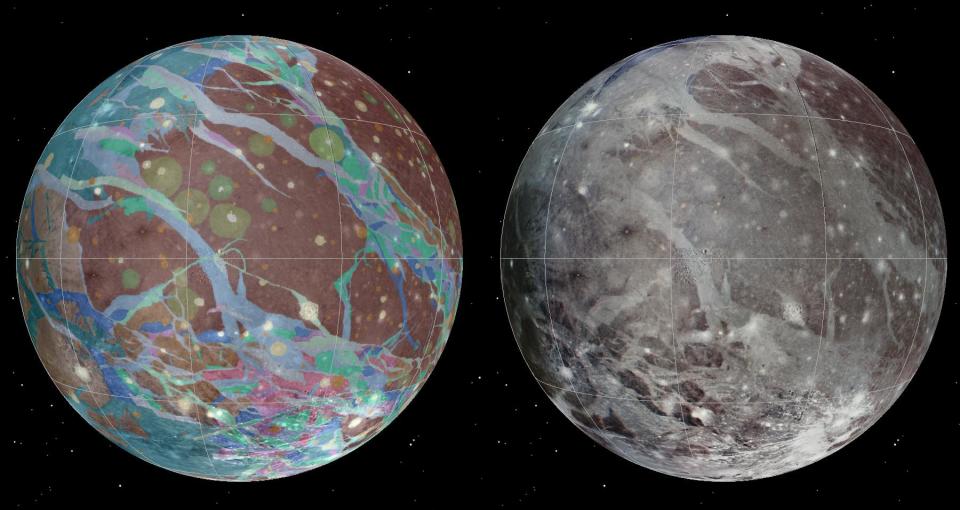 The mosaic and geologic images of Jupiter’s moon Ganymede were assembled incorporating the best available imagery from NASA’s Voyager 1 and 2 spacecraft and NASA’s Galileo spacecraft.