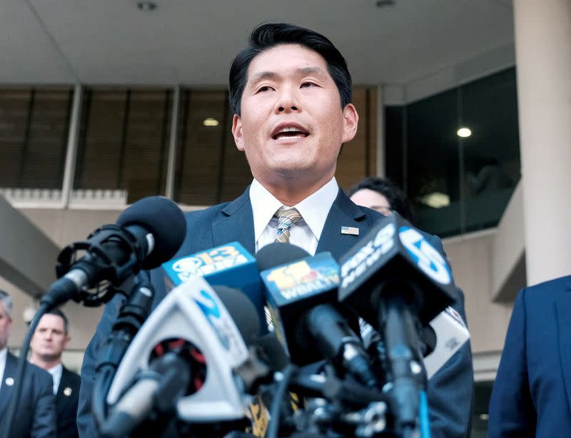 FILE PHOTO: FILE PHOTO: U.S. Attorney Robert Hur speaks to the media after the arraignment of former Baltimore mayor Catherine Pugh, outside of the U.S. District Court, in Baltimore