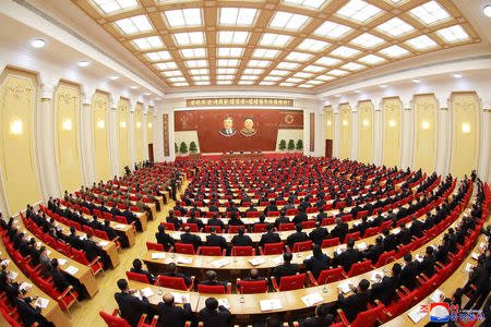 Attendees at the Third Plenary Meeting of the Seventh Central Committee of the Workers' Party of Korea (WPK), guided by North Korean leader Kim Jong Un, in this photo released by North Korea's Korean Central News Agency (KCNA) in Pyongyang on April 20, 2018. KCNA/via Reuters