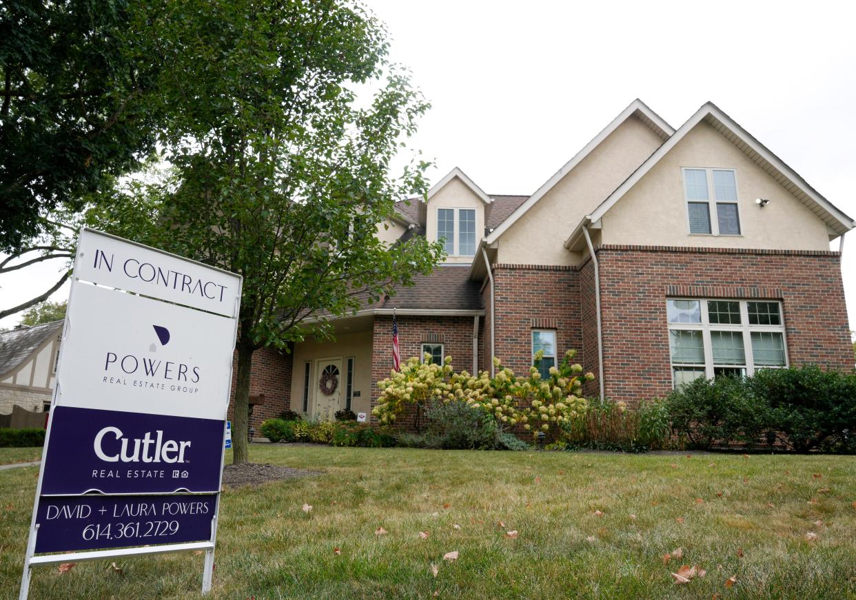 An "In Contract" sign in front of a home in Bexley on Tuesday. Home values in Franklin County rose 41% on average this year, leading to many questions about upcoming property tax bills.