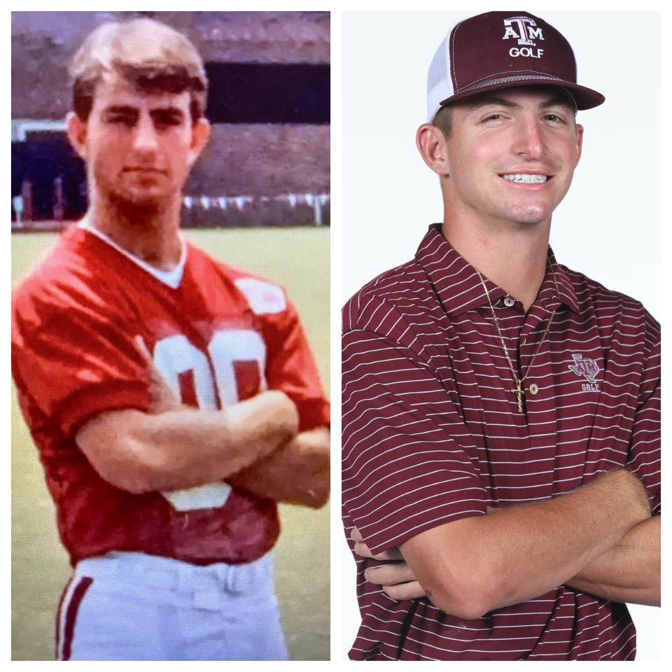 Dabo Swinney, left, during his playing days at Alabama; Sam Bennett, right, current Texas A&M golfer.