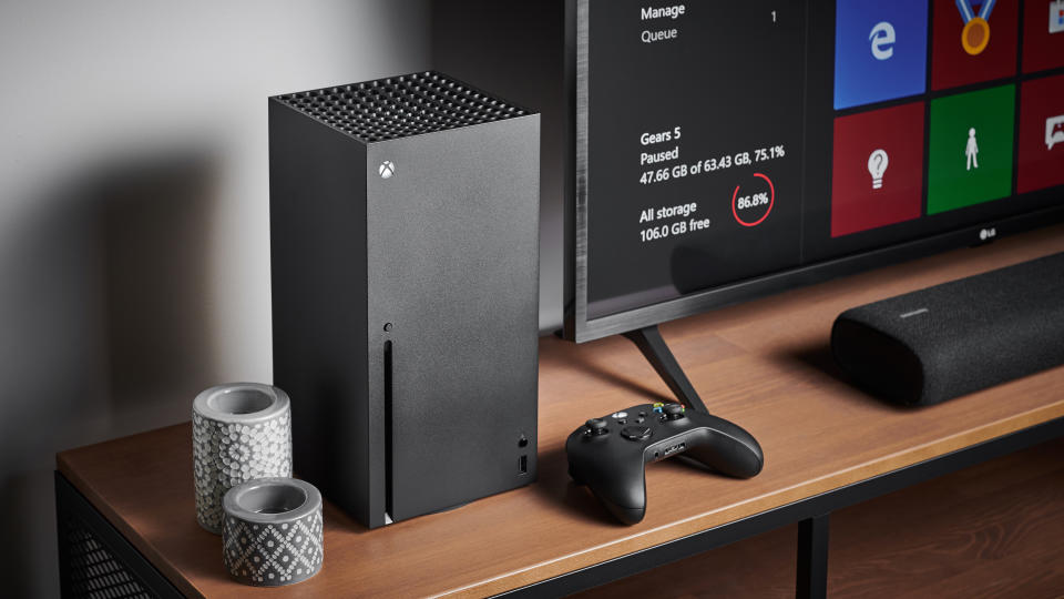 Living room with a Microsoft Xbox Series X home video game console alongside a television and soundbar, taken on October 9, 2020. (Photo by Phil Barker/Future Publishing via Getty Images)