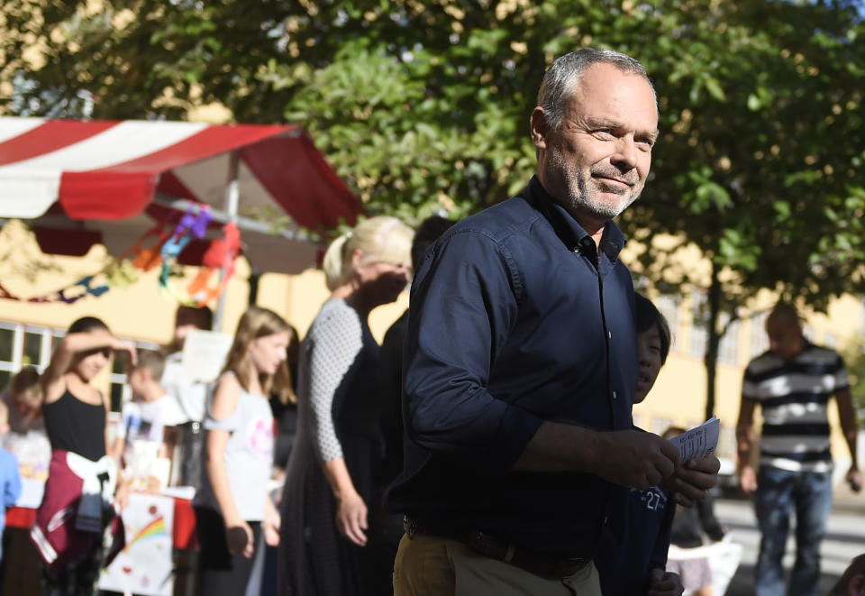 Jan Bjorklund, leader of the Liberal Party, arrives at a polling station in Stockholm, Sweden, Sunday Sept. 9, 2018. Polls have opened in Sweden's general election in what is expected to be one of the most unpredictable and thrilling political races in Scandinavian country for decades amid heated discussion around top issue immigration. (Hanna Franzen/TT via AP)