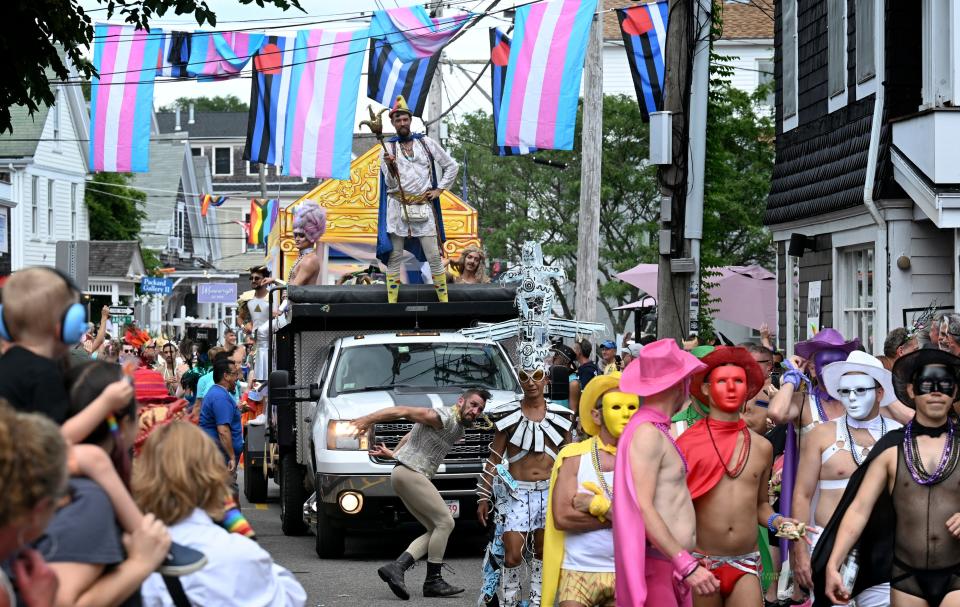 Floats travel along Commercial Street in Provincetown Thursday afternoon for the Carnival parade with the theme of "Monsters, Myths & Legends".