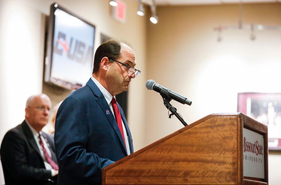 Missouri State Athletics Director Kyle Moats talks abut the universities decision to join Conference USA and leave the Missouri Valley Conference during a press conference at Great Southern Bank Arena on Monday, May 13, 2024.