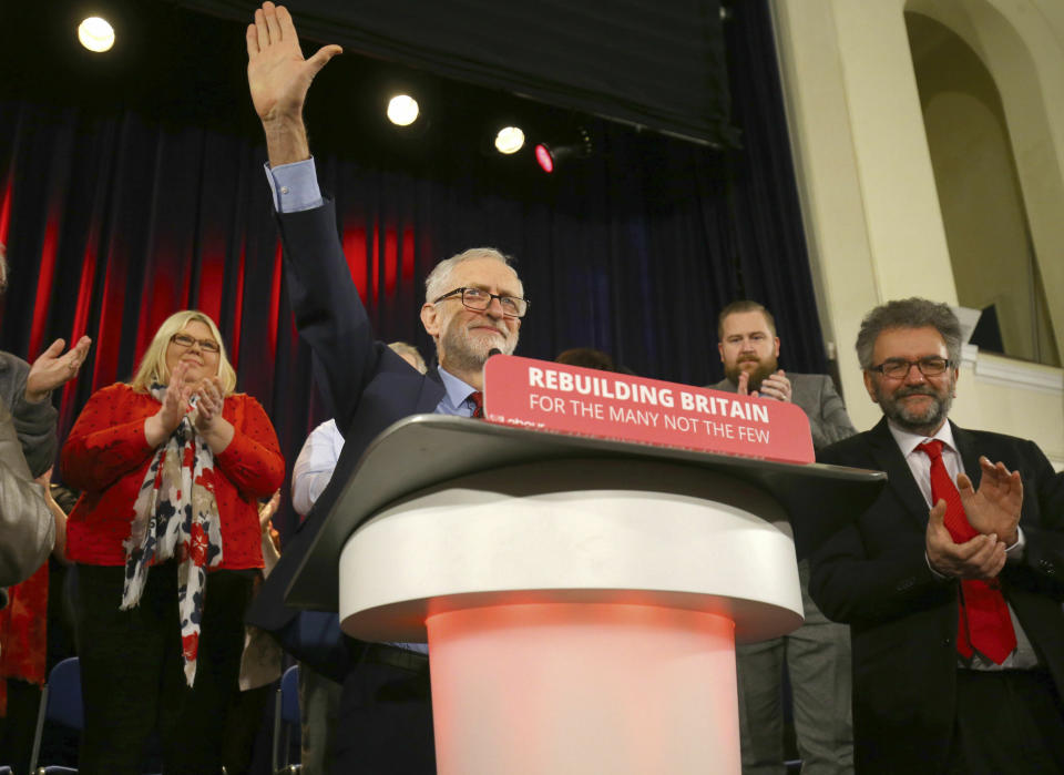 Britain's Labour Party leader Jeremy Corbyn after his speech during a visit to Hastings, south east England, Thursday Jan. 17, 2019. Jeremy Corbyn said Prime Minister Theresa May's offer of cross-party talks on a new Brexit deal is a "stunt" because she will not rule out leaving the European Union without an agreement. Corbyn is refusing to meet May until she takes no-deal "off the table." (Gareth Fuller/PA via AP)