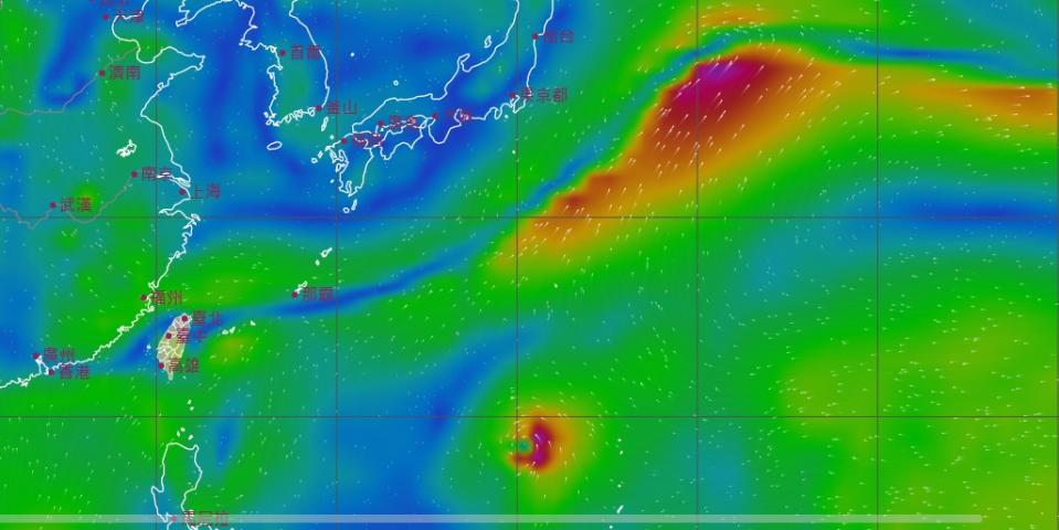 風場預報圖，可見一道明顯的鋒面。   圖：中央氣象局／提供