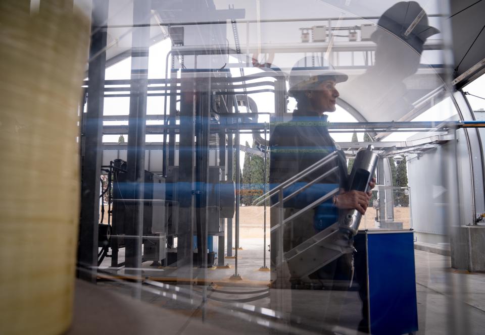 Rupam Soni answers questions during a tour of the Regional Recycled Water Advanced Purification Center on May 19, 2022, in Carson, California. The facility employs a triple-treatment method to recycle water.