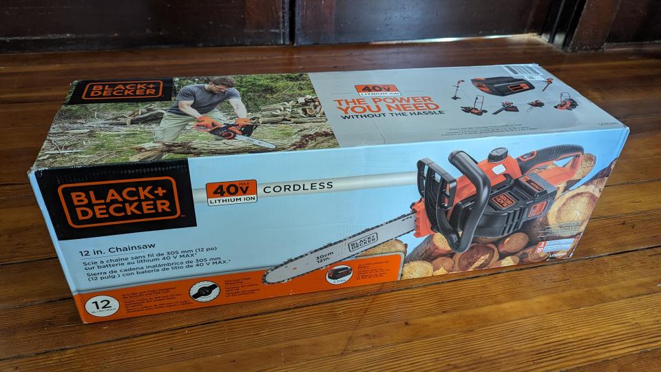 Image of the delivery box that the BLACK + DECKER 40V MAX 12-inch Cordless Chainsaw arrived in