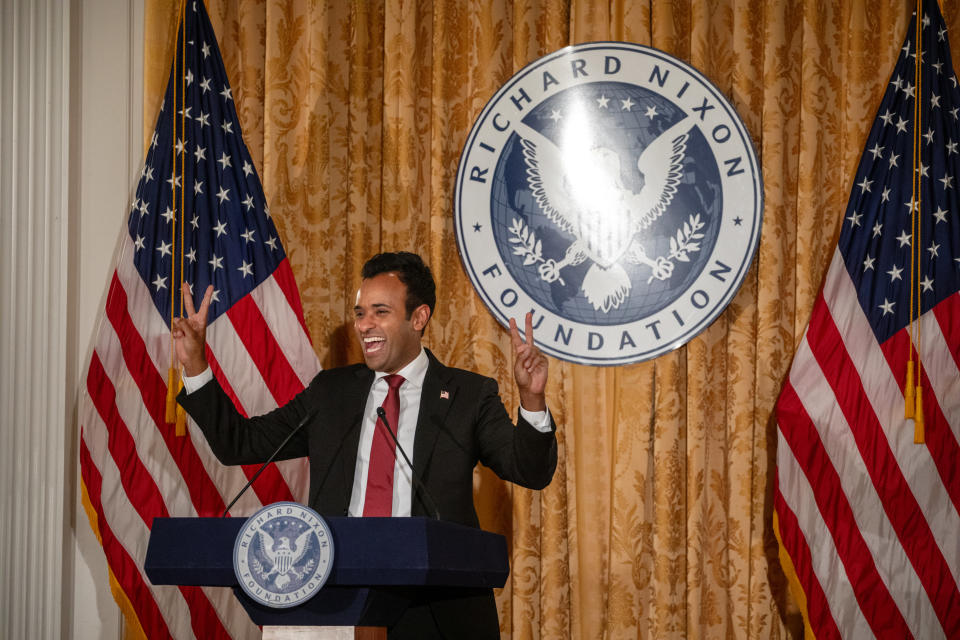 Ramaswamy speaks at the Nixon Library in Yorba Linda, Calif.