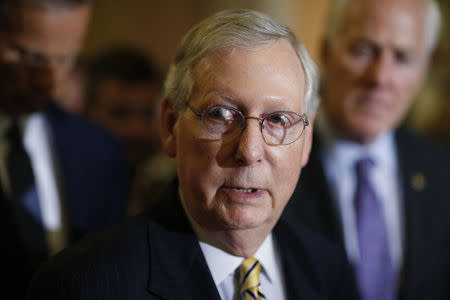 U.S. Senate Majority Leader Mitch McConnell (R-KY) faces reporters following a weekly lunch meeting with fellow Republicans on Capitol Hill in Washington, U.S., September 12, 2017. REUTERS/Joshua Roberts