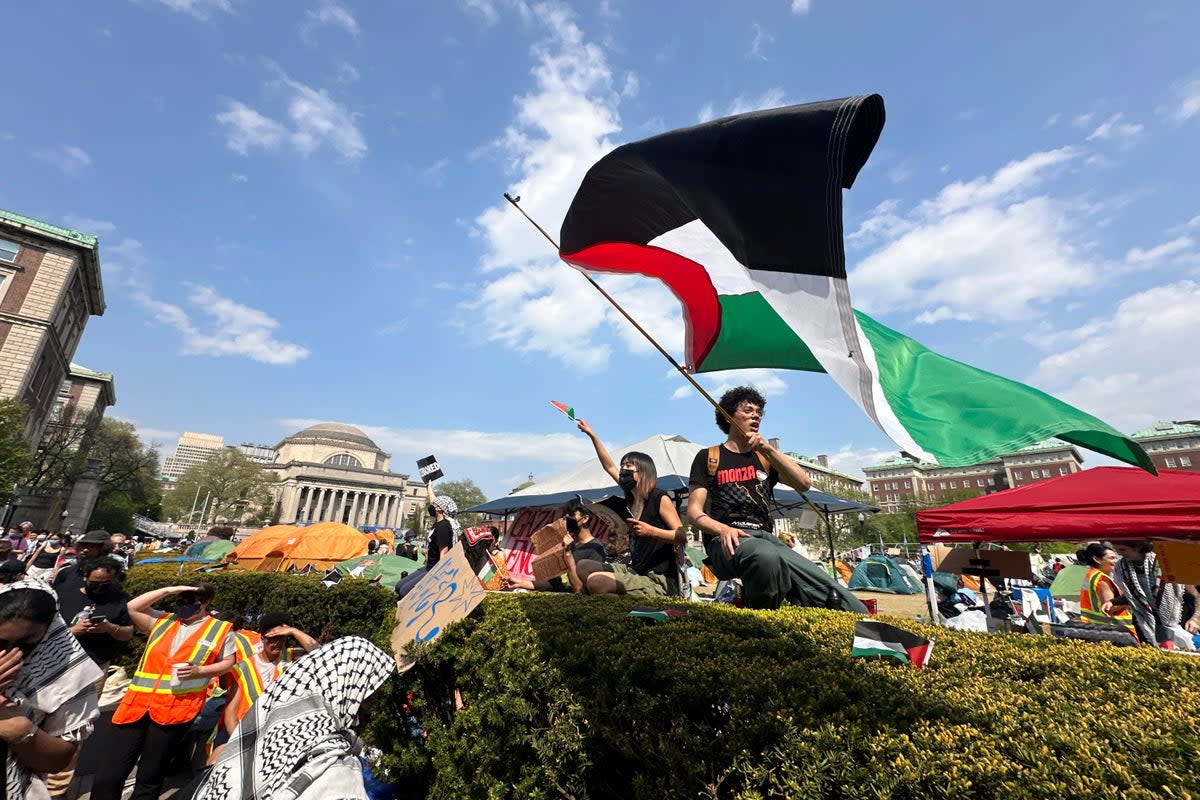 Demonstrators on the Columbia University campus in New York at a pro-Palestinian protest encampment on 29 April 2024 (Copyright 2024 The Associated Press. All rights reserved)