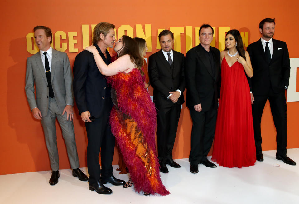 Damian Lewis (left to right), Brad Pitt, Lena Dunham, Margot Robbie, Leonardo DiCaprio, Quentin Tarantino, Daniella Pick, Costa Ronin attending the Once Upon A Time... In Hollywood UK premiere in Leicester Square, London. (Photo by Isabel Infantes/PA Images via Getty Images)
