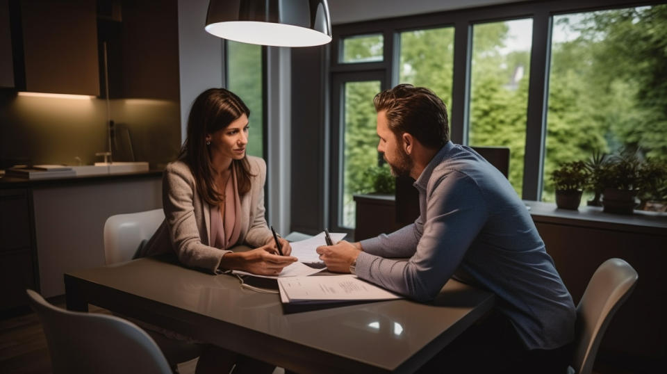 A financial advisor discussing options with a client in a home loan consultation. 