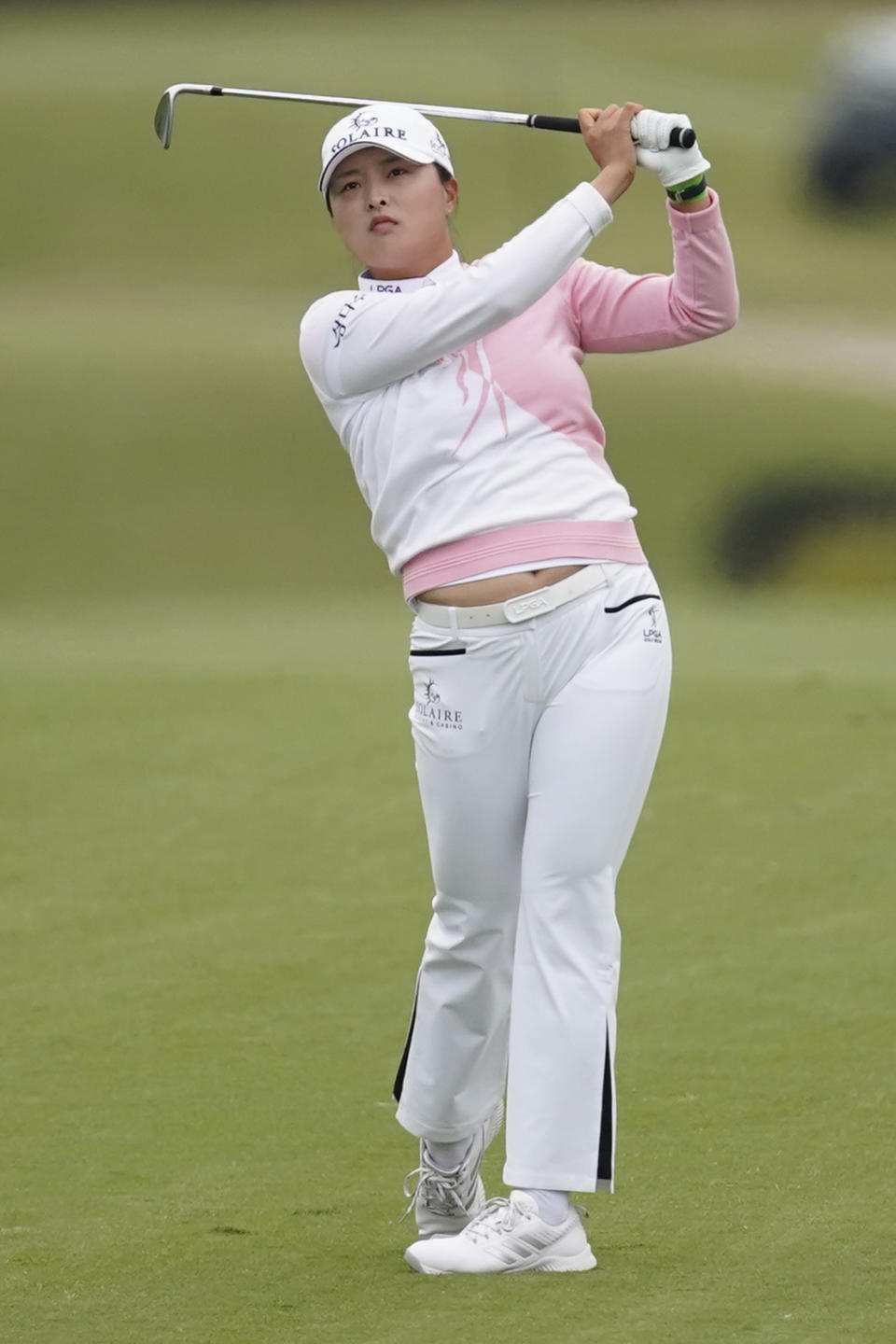 Jin Young Ko hits from the first fairway during the final round of the LPGA's Hugel-Air Premia LA Open golf tournament at Wilshire Country Club Saturday, April 24, 2021, in Los Angeles. (AP Photo/Ashley Landis)