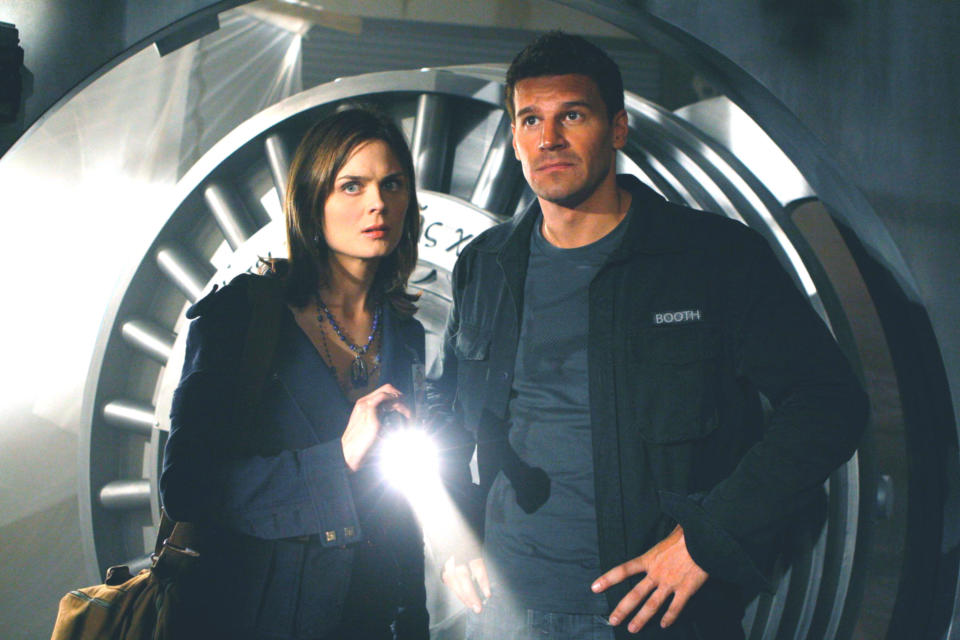 emily deschanel and david boreanaz as doctor brennan and seeley booth on the set of bones