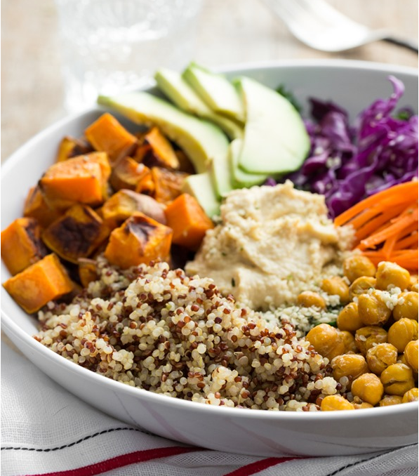 quinoa, hummus, chickpeas, and sweet potato