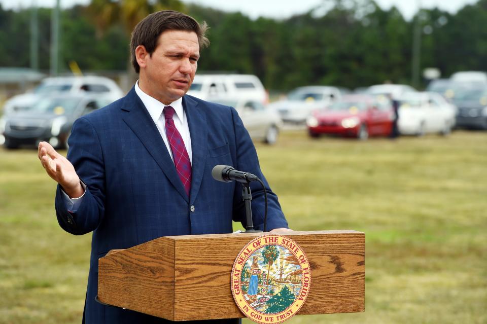 Florida Gov. Ron DeSantis held a news conference of Thursday, Jan. 7, 2020, at the Indian River County Fairgrounds as county residents lined up to receive a COVID vaccine. The governor said the state is slated to receive an additional 250,000 shots split between Pfizer and Moderna and is working on a partnership with Publix to administer the vaccine.