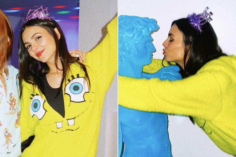 <p>Victoria Justice/Instagram</p> Victoria Justice wears a SpongeBob onesie for her 31st brithday bash.