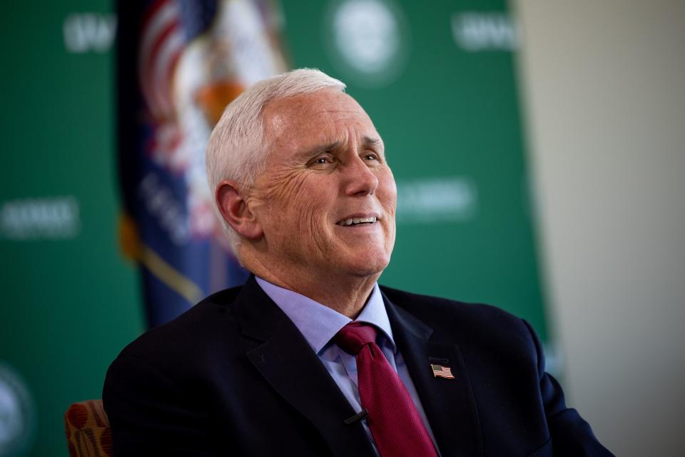 Former Vice President Mike Pence talks to journalists during an interview after speaking at an event at the Zions Bank Building in Salt Lake City on Friday, April 28, 2023. | Spenser Heaps, Deseret News
