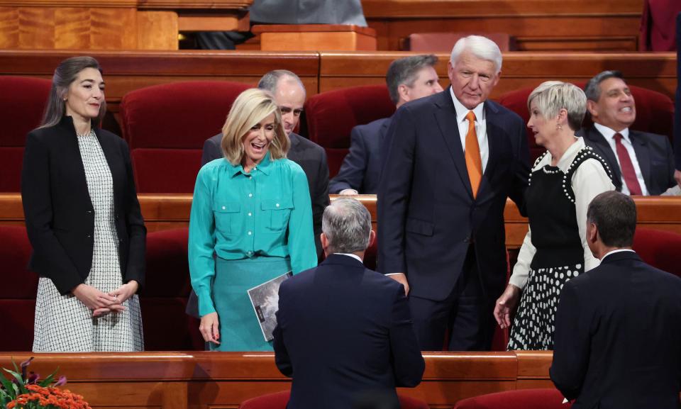 Leaders greet each other prior to the Sunday morning session of 193rd Semiannual General Conference of The Church of Jesus Christ of Latter-day Saints at the Conference Center in Salt Lake City on Sunday, Oct. 1, 2023. | Jeffrey D. Allred, Deseret News