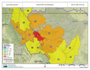 Montana's snowpack by river basin as of Monday as a percent of the 1991-2020 median levels. (Image via USDA/NRCS)