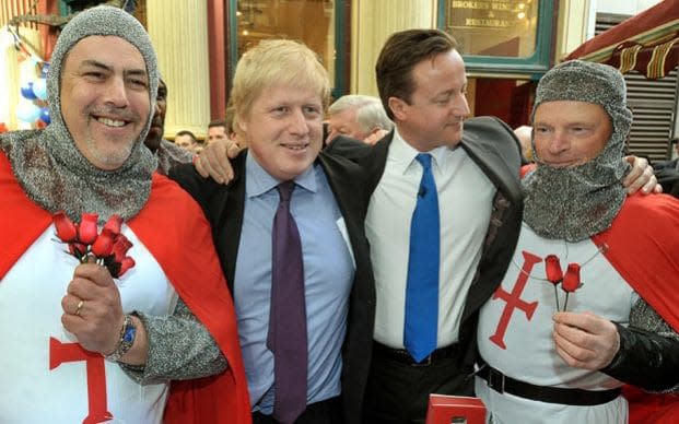 Leader of the Conservative Party David Cameron and Mayor of London Boris Johnson celebrate St George's day in Leadenhall Market in the City of London    - Credit: PA