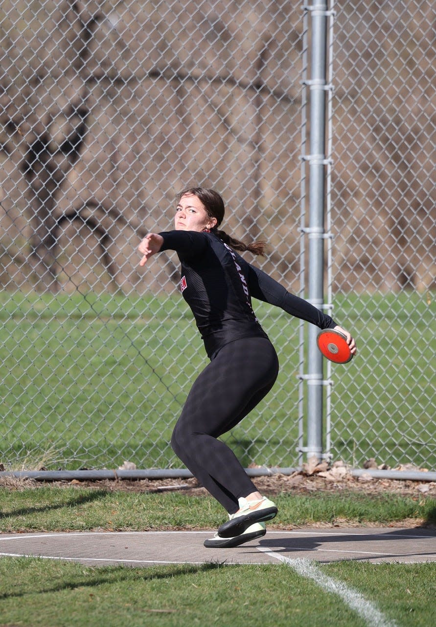 Roland-Story's Claire Jonas competes in the discus during the Norsemen Relays on Thursday, April 18, 2024, at the Roland-Story Sports Complex.