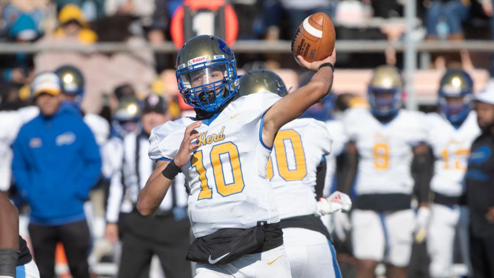 Woodbury's quarterback Bryan Johnson throws a pass during the Group 1 football semifinal game between Woodbury and Salem played at Cherokee High School in Marlton on Saturday, November 19, 2022.  