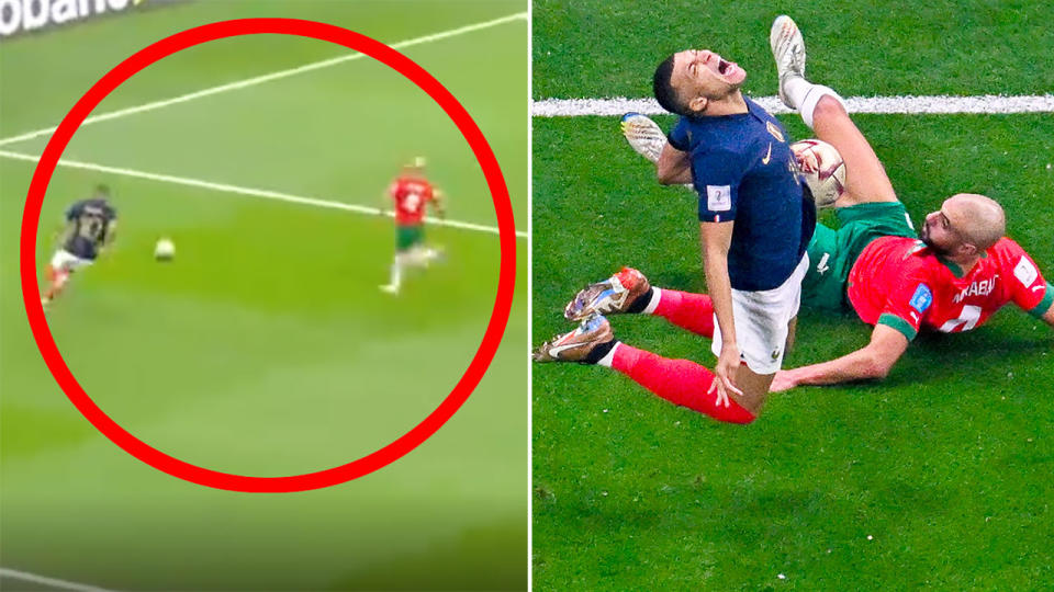 Seen here, Moroccan defender Sofyan Amrabat cleans up France superstar Kylian Mbappe in an extraordinary cover tackle in the World Cup semi-final. 